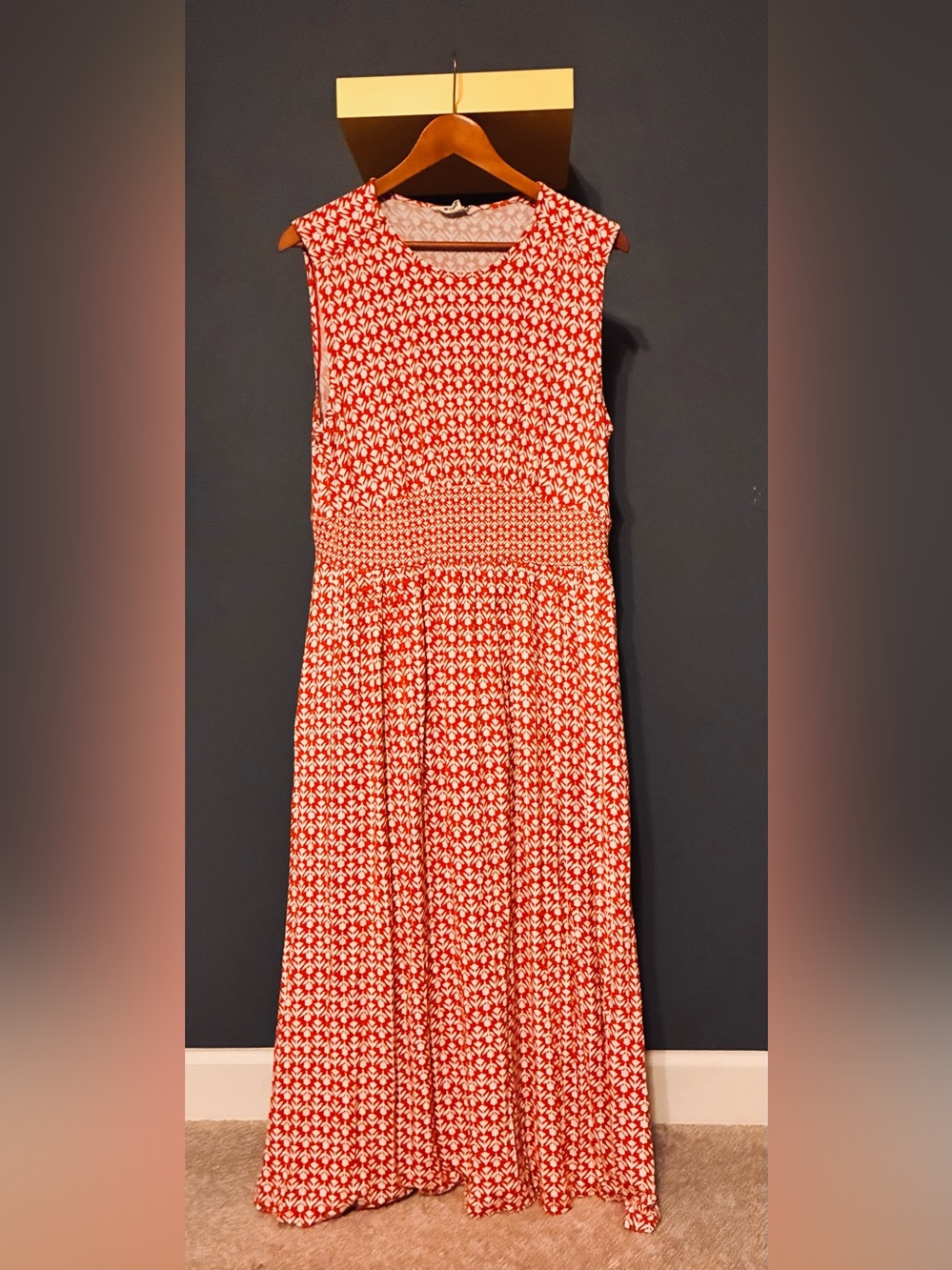 Boden Red & White Sleeveless Printed Maxi with Smocked Waist